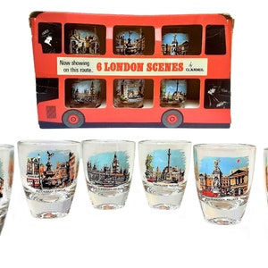 Antique London Shot Glasses Double Decker Bus Goblet Set of 6 Shot Glasses in a Box Double Decker Bus Pub Decor London Souvenir Barware
