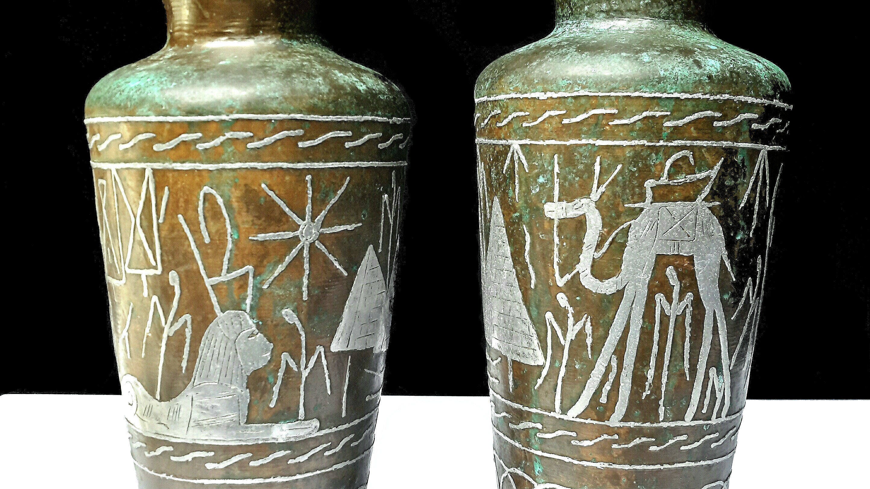 Egyptian Vase Pair of Vases Brass Vase Patina Egypt Vase Etsy