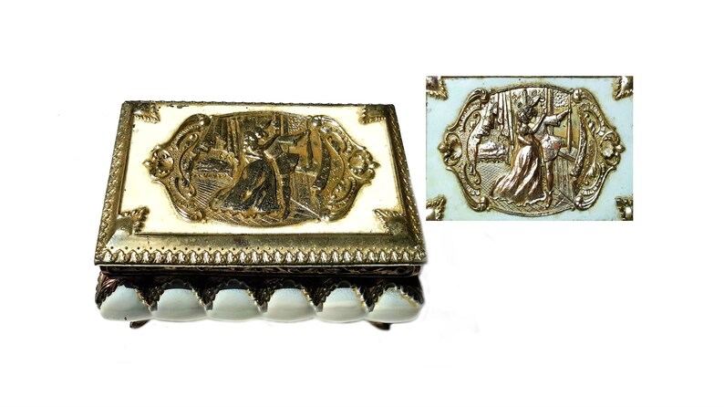 Antique Trinket Box 1840 Charming Handmade Bakelite Lidded Footed Man Woman Fun Love Stash Victorian Jewelry Valentine Bin Boulevard Vintage