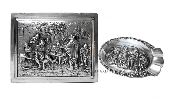 Antique Dutch Silver Pl Antique Silver Cigarette Box + Ashtray Cigarette  Set Serving Tray 1890 Smoking Set Accessories Frans Hals Van Kempen