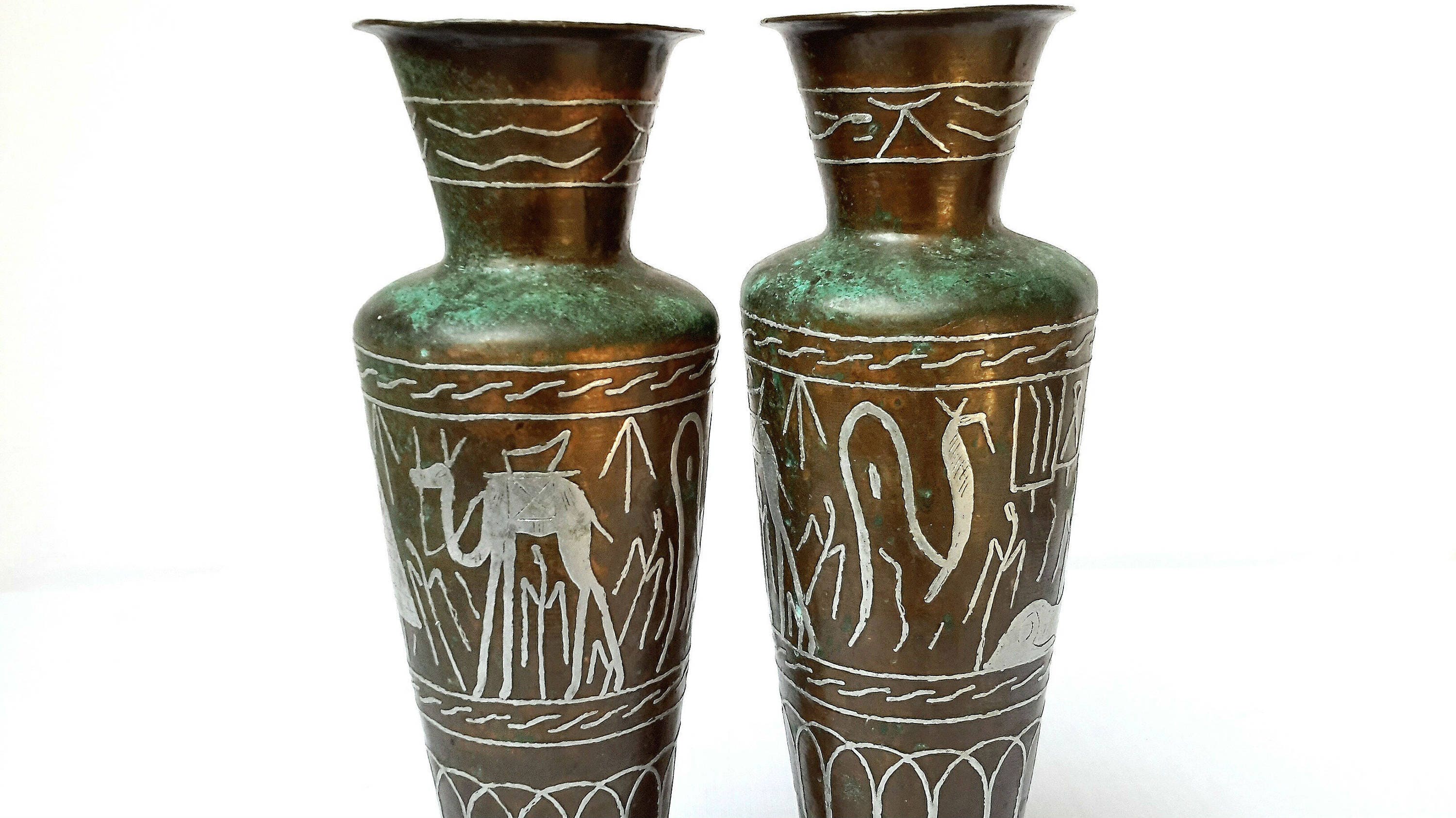 Egyptian Vase Pair of Vases Brass Vase Patina Egypt Vase Etsy