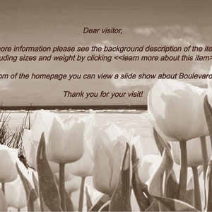 May include: Sepia-toned image featuring white tulips in the foreground with a beach scene in the background. Text includes a welcome message and information about the items, sizes, and weight, and a slideshow about Boulevard Vintage.