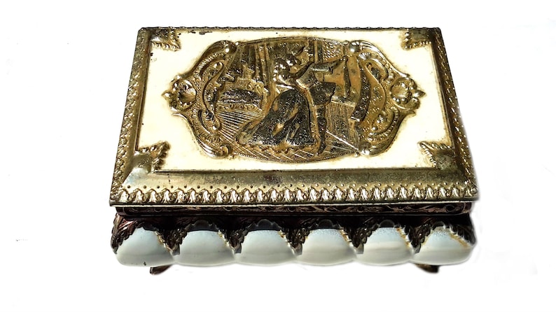 Antique Trinket Box 1840 Charming Handmade Bakelite Lidded Footed Man Woman Fun Love Stash Victorian Jewelry Valentine Bin Boulevard Vintage