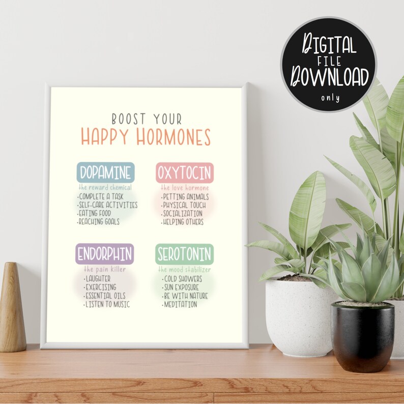 May include: A printable poster with a white background and colorful text boxes. The poster is titled "Boost Your Happy Hormones" and lists four hormones: Dopamine, Oxytocin, Endorphin, and Serotonin. Each hormone is described with a brief definition and a list of activities that can help boost its production.