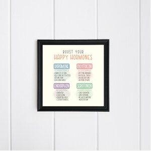 May include: A printable chart with a black frame, titled "Boost Your Happy Hormones". The chart lists four hormones: Dopamine, Oxytocin, Endorphin, and Serotonin, with activities to boost each hormone.
