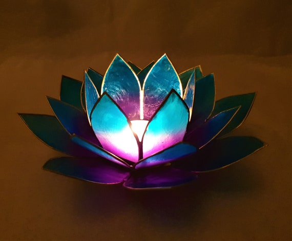 Bougeoir fleur Lotus en coquille de Capiz, bleu et Violet avec doublure dorée, photophore, cadeau de mariage, décoration de Table, chauffage de maison