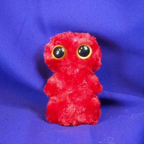 BM20, Small cute monster plush plushie stuffie w/ swirly silky bright red fur & 2 hand painted copper safety eyes, monstie, handmade, buddy