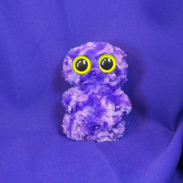 K40, Small cute monster plush plushie stuffie w/ swirly silky purple fur & hp light green safety eyes, monstie, baby, infant, soft, handmade