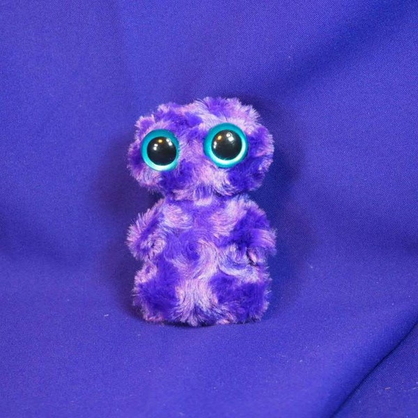 K42, Small cute monster plush plushie stuffie w/ swirly silky purple fur & hp aqua blue safety eyes, monstie, baby, infant, soft, handmade