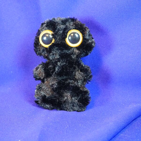 R137, Small cute monster plush plushie stuffie w/ swirly silky black fur and 2 HP gold glitter safety eyes, monstie, baby, infant, handmade