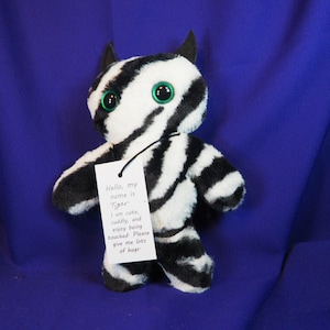 Tiger, Cute monster plush plushie stuffie with super soft and silky black and white faux fur, 2 horns, and 2 hand painted emerald eyes, ooak