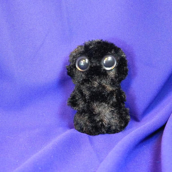 R100, Small cute monster plush plushie stuffie w/ swirly silky black fur and 2 hand painted black safety eyes, monstie, baby, handmade, soft