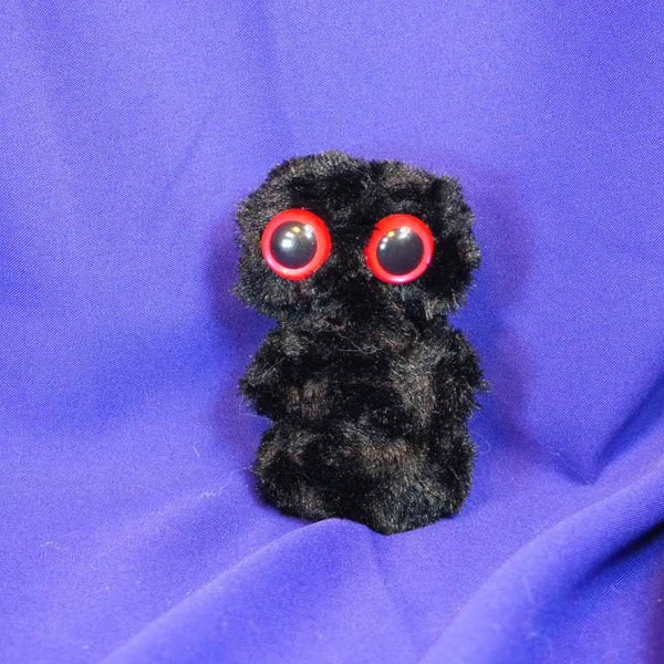 R125, R126, Small cute monster plush plushie stuffie w/ swirly silky black fur and 2 hand painted red safety eyes, monstie, handmade, soft