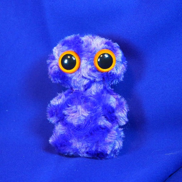 K49, Small cute monster plush plushie stuffie w/ swirly silky purple fur & hand p orange safety eyes, monstie, baby, infant, soft, handmade