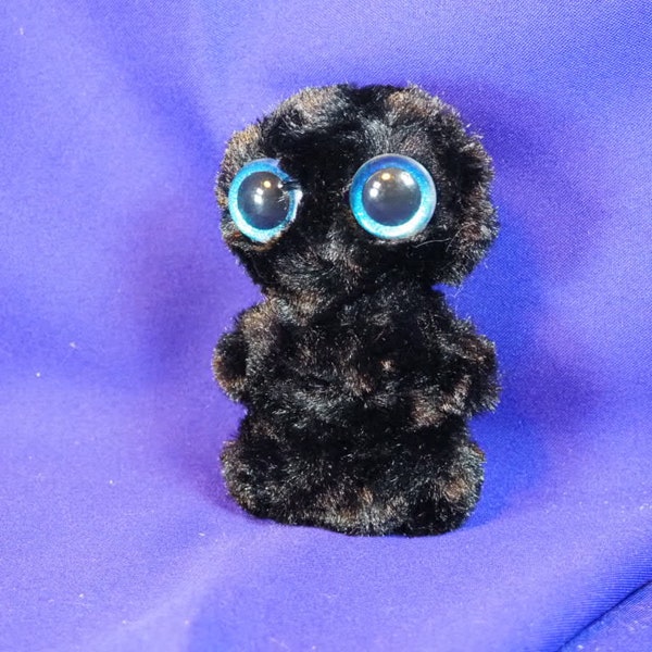 R135, Small cute monster plush plushie stuffie w/ swirly silky black fur and 2 hand painted blue glit safety eyes, monstie, infant, handmade