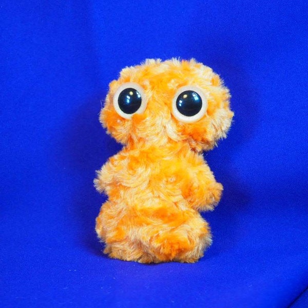 BN15, Small cute monster plush plushie stuffie w/ swirly silky bright orange fur & 2 hand painted orange glit safety eyes, monstie, handmade