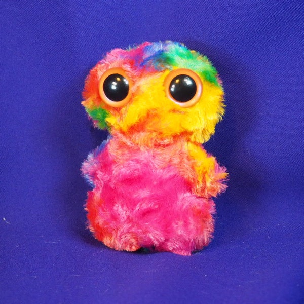 BU56, Small cute monster plush plushie stuffie with swirly silky rainbow fur & 2 hand painted irid orange safety eyes, monstie, handmade