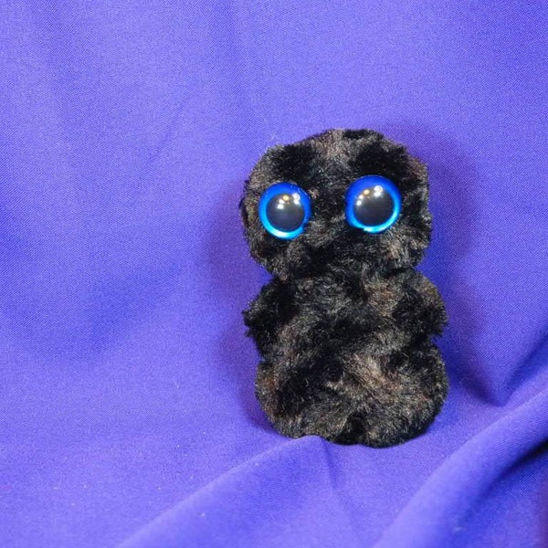 R131, Small cute monster plush plushie stuffie w/ swirly silky black fur & 2 hand painted dk blue safety eyes, monstie, baby, toy, handmade