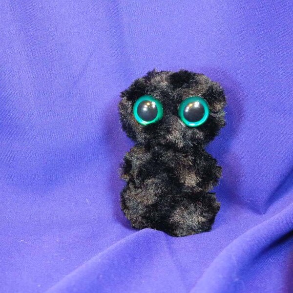 R115, Small cute monster plush plushie stuffie w/ swirly silky black fur and 2 hand painted dark green safety eyes, monstie, baby, handmade