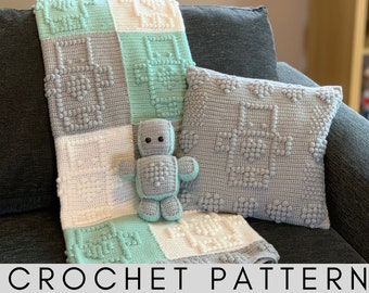 Crochet Pattern Robot Baby Blanket, Cushion and Toy. Robot Nursery Crochet Pattern Set