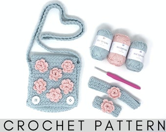 Spring Blossom Shoulder Bag and Accessories Crochet Pattern - Childrens Shoulder Bag Childrens Bracelet Childrens Necklace
