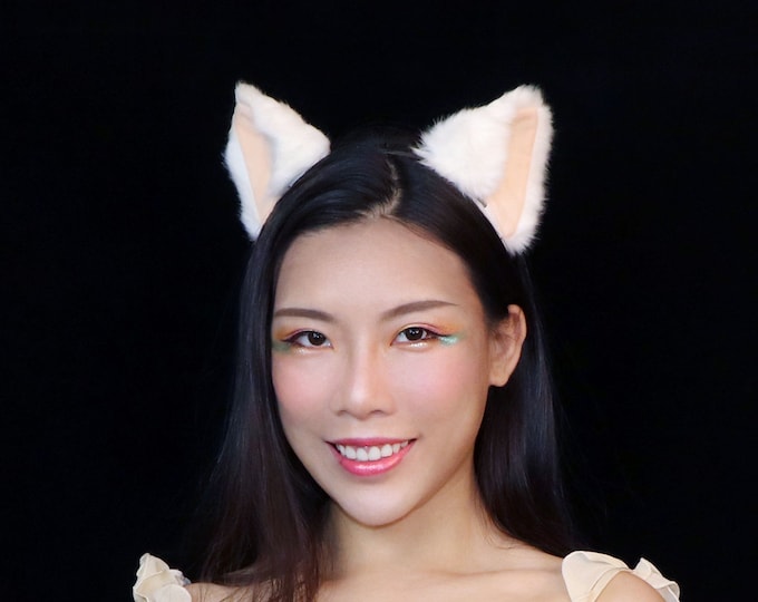 Cat ears Kitty Headwear White Furry Beige inside Animal Headband Costume Bow Bells