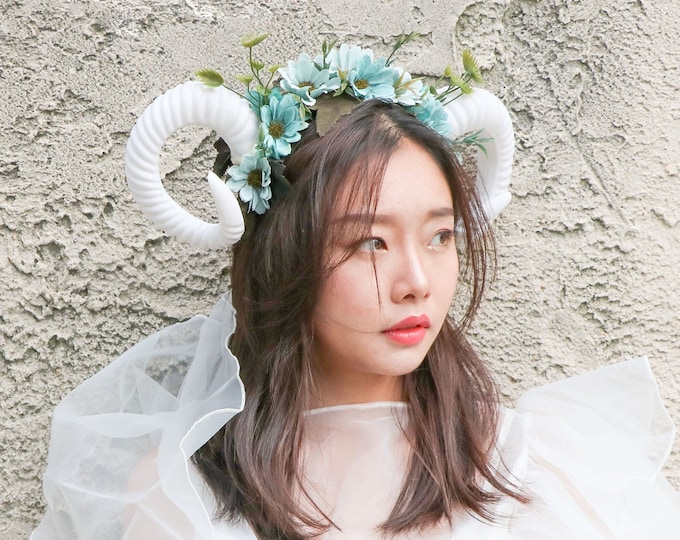 White Horns Ram Blue Daisy Flowers Nymph Forest Goat Headdress Sheep Blue sky