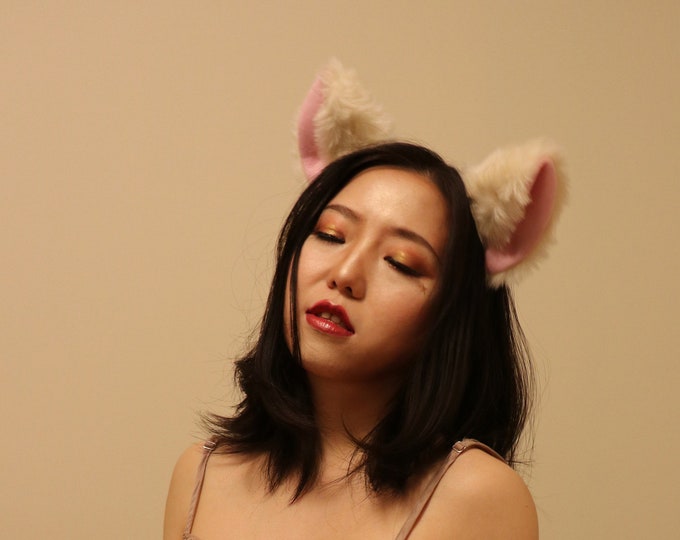 Big Cat ears Kitty Headwear Cream Rice White Furry Pink inside Animal Headband Costume Bow Bells