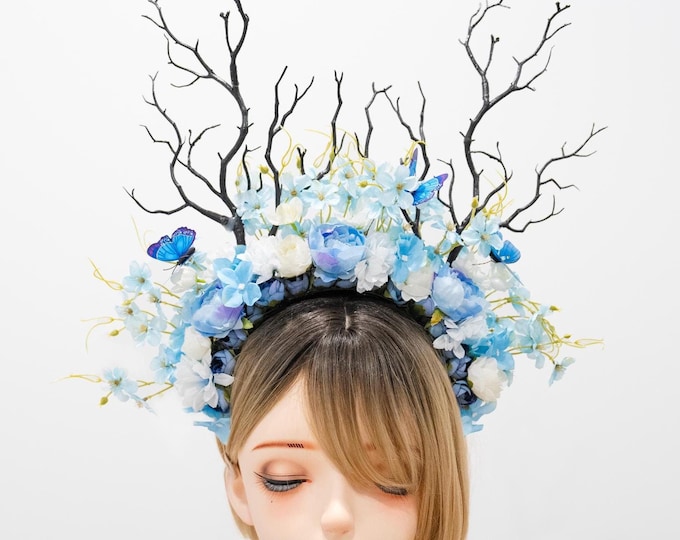 HORNS HEAD DRESS Unique Costume Forest Headdress Horror Blue White Flowers Butterfly Black Branch  Nymph Floral Headwear Antlers Halloween