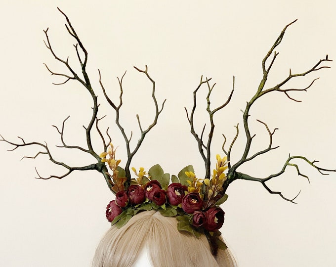 Black Green Branch Horn Red Flowers  Nymph Forest Horn Headdress Antlers Red Green