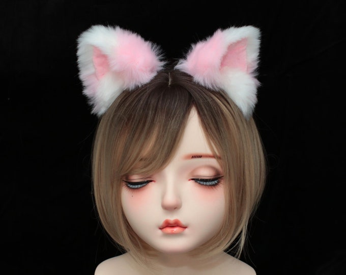 Pink Quilts White Cat Ear Headband Furry Animal Headdress Handmade Headpiece Cat Mom Gifts for her Cute Christmas