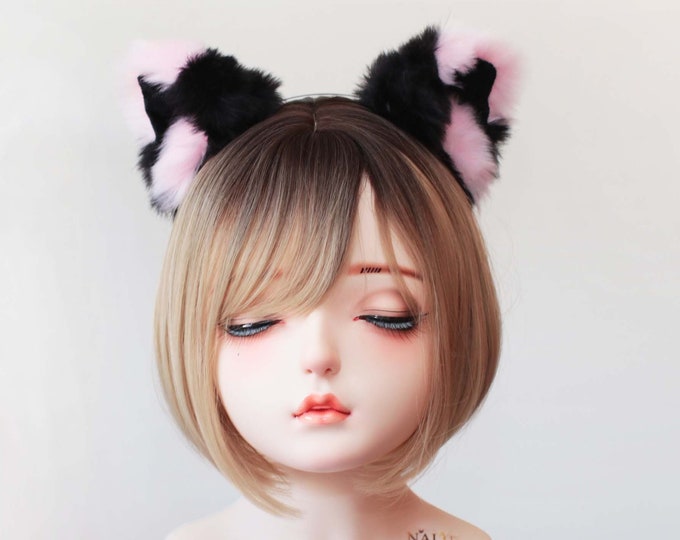 Cat ears Kitty Headwear Black/Pink Furry Animal Headband Costume Bow Bells