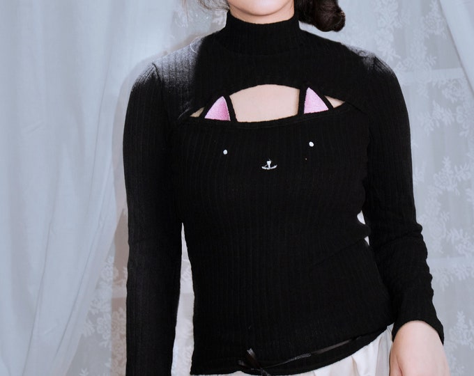 Cute Black Pink White Cat Ear Face Rib-Knit Low Cut Sexy Turtleneck Sweater Fit Girl Women Anime Cloth Christmas Gift