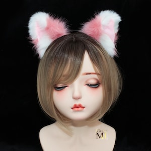 Cat ears Kitty Headwear Watermelon Pink/White Furry Animal Headband Costume Bow Bells