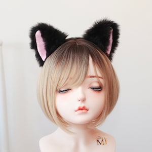 Cat ears Kitty Headwear Black soft Furry Pink inside Animal Headband Costume Bow Bells