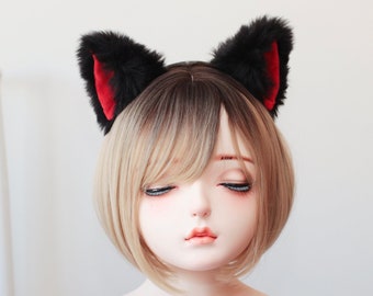 Cat ears Kitty Headwear Black Red inside  Furry Animal Headband Costume Bow Bells