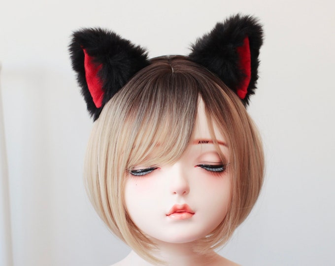 Cat ears Kitty Headwear Black Red inside  Furry Animal Headband Costume Bow Bells