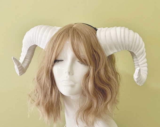 Plain White Huge Horn Forest Gothic Demon Nymph Ram Horn Headdress Headband Punk Evil sheep Diablo Photography Cosplay【NALUMI】
