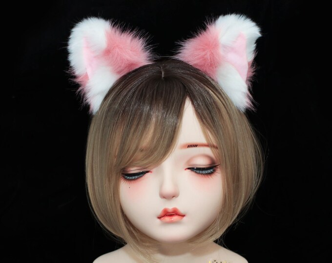 Cat ears Kitty Headwear Watermelon Pink/White Furry Animal Headband Costume Bow Bells