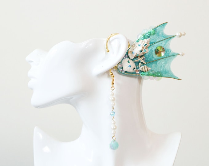 Green Blue Lake Sky Mermaid Earring Sea Shell Fairy Ears Elven Ears Earcuffs cosplay fantasy decoration Nature Fish Fin photography【NALUMI】