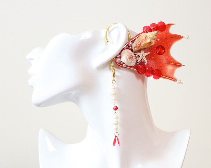 Red Mermaid Earring Sea Shell Fairy Ears Elven Ears Earcuffs cosplay fantasy decoration Nature Fish Fin photography【NALUMI】