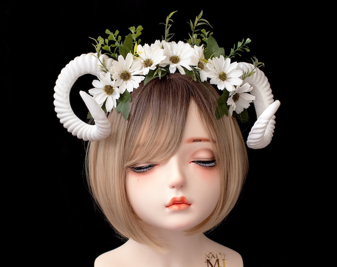 White Horns Ram White Daisy Flowers Nymph Forest Goat Headwear Sheep