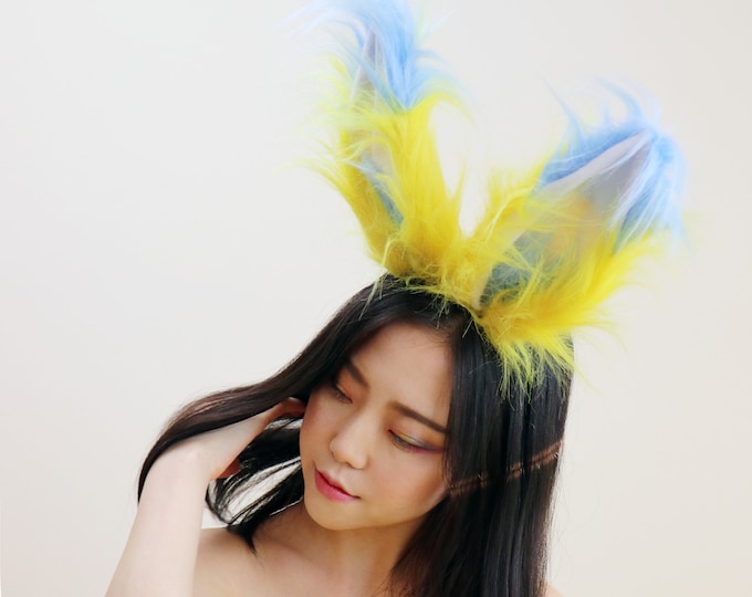 Blue Yellow Fox Ears long fur  Cosplay Animal Furry Bunny ears Rabbit Judy Realistic Easter Costume NALUMI