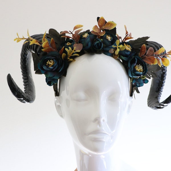 GOAT HORNS HEADDRESS - Flower Head Piece - Ram Horns Headpiece - Unique Head Piece - Forest Headdress - Head Piece Festival