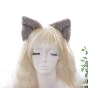 Gray Cat ears Kitty kitten Cosplay Anime Animal Headwear Long Mix Furry Animal Hair clip Hairpin Costume Natural Simulation