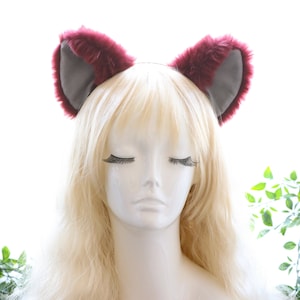 Cat ears Kitty Headwear Red Wine Brown Red Grey Inside Furry Animal Headband Costume Bow Bells