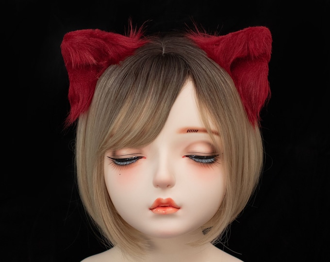 Cat ears Kitty Headwear Cute Wine Red Long Furry Animal Hairclip Hairpin Costume Natural Simulation
