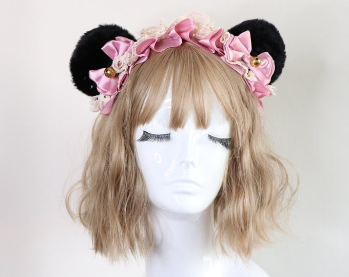 Bear Ears Black Cute Headwear Lolita Pink Ribbon Jingle Bells Bows Lace Furry Animal Headband Costume Christmas Gift Halloween