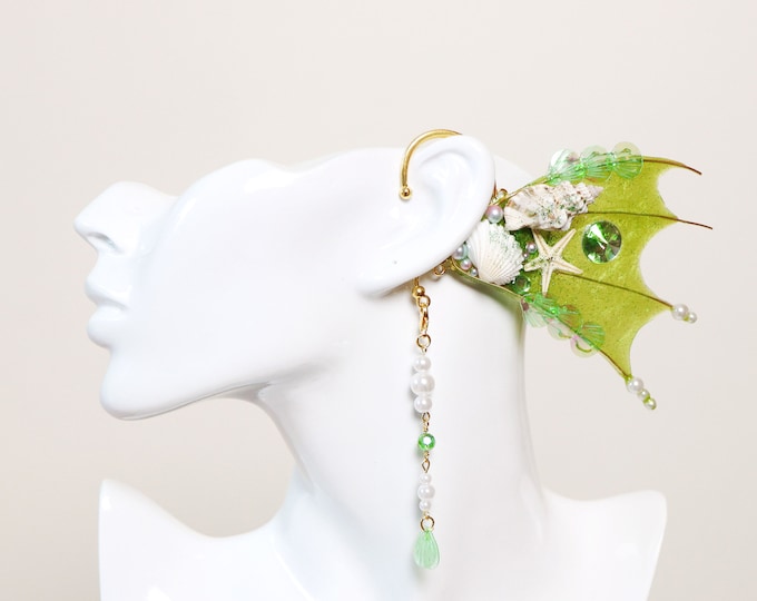 Green Emerald Mermaid Earring Sea Shell Fairy Ears Elven Ears Earcuffs cosplay fantasy decoration Nature Fish Fin photography【NALUMI】