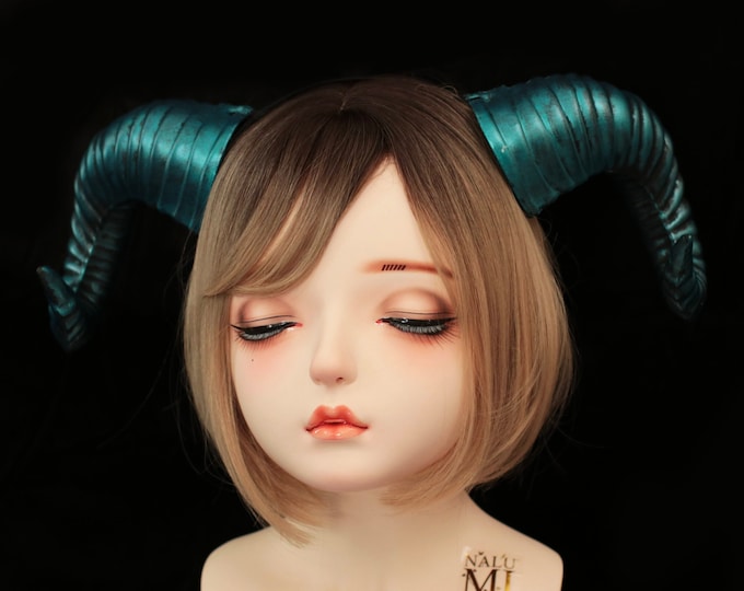 Galaxy Lake Green Blue Huge Horn Forest Gothic Demon Nymph Ram Horn Headdress Headband Punk Evil sheep Diablo Photography Cosplay【NALUMI】